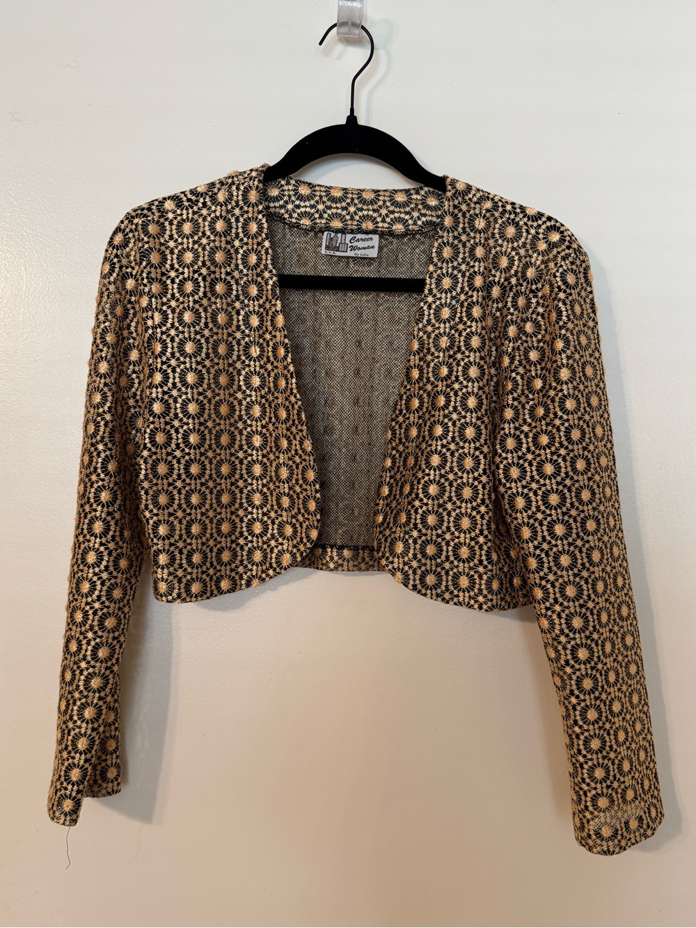 Cropped Patterned Open-Front Blazer in Beige and Black
